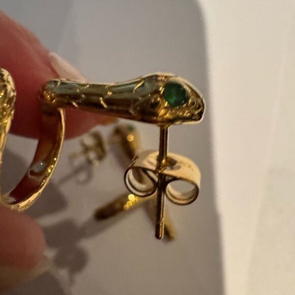 Gold Snake Earrings with Green Gemstone - Picture 3 of 5